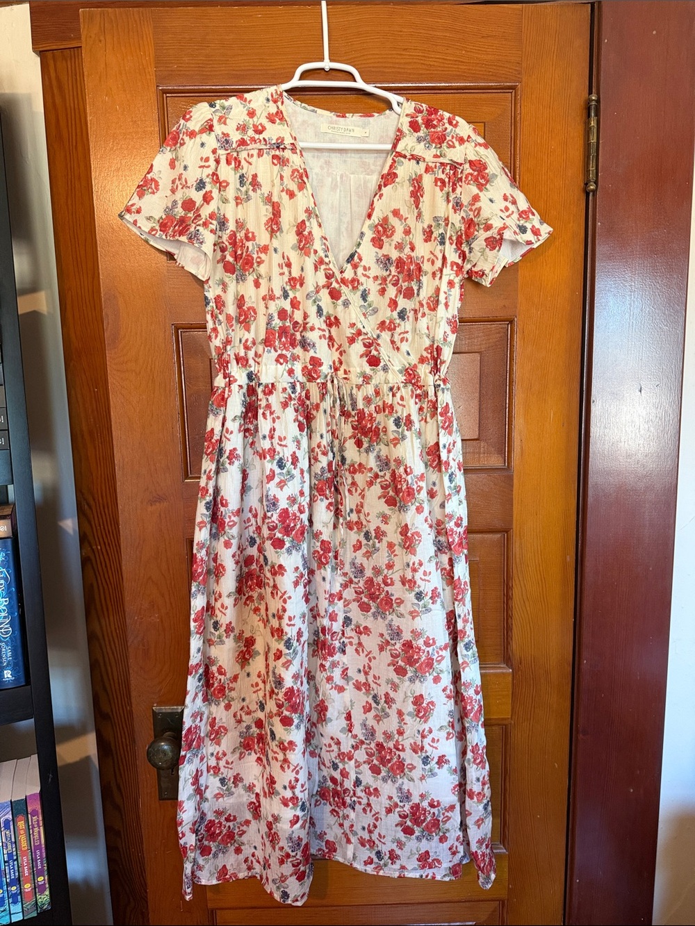 Christy Dawn Red Rose Print V-Neck Midi Dress